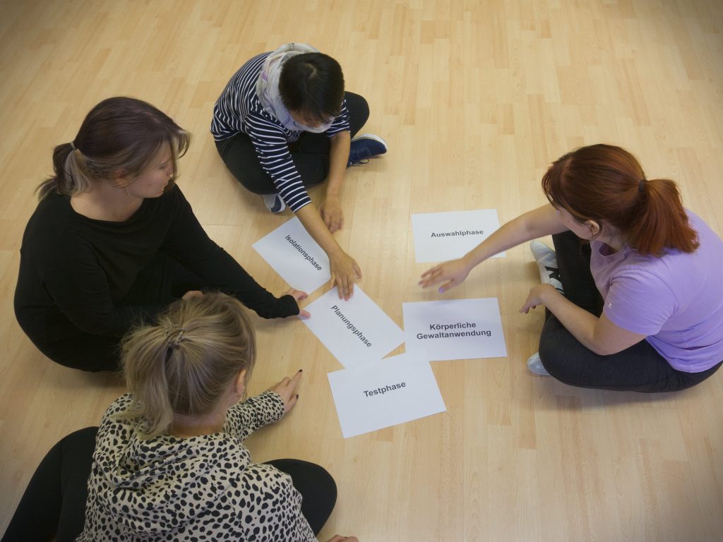 Teilnehmerinnen und Trainerin diskutieren auf dem Boden während eines Selbstbehauptungs- und Selbstverteidigungskurses mit beschrifteten Karten.