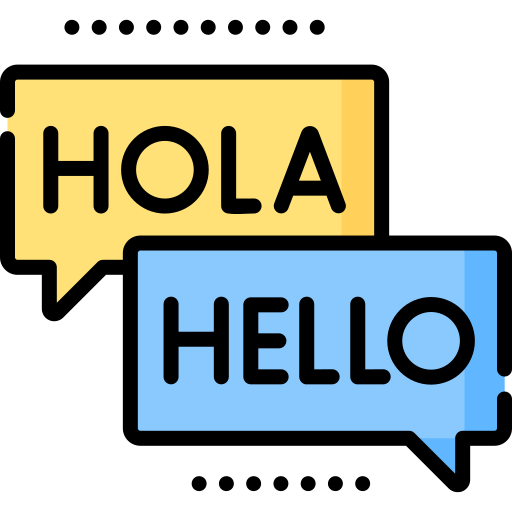 Zwei Sprechblasen: Eine gelbe mit "HOLA" und eine blaue mit "HELLO", symbolisieren Mehrsprachigkeit und die Verfügbarkeit von Kursen in verschiedenen Sprachen.