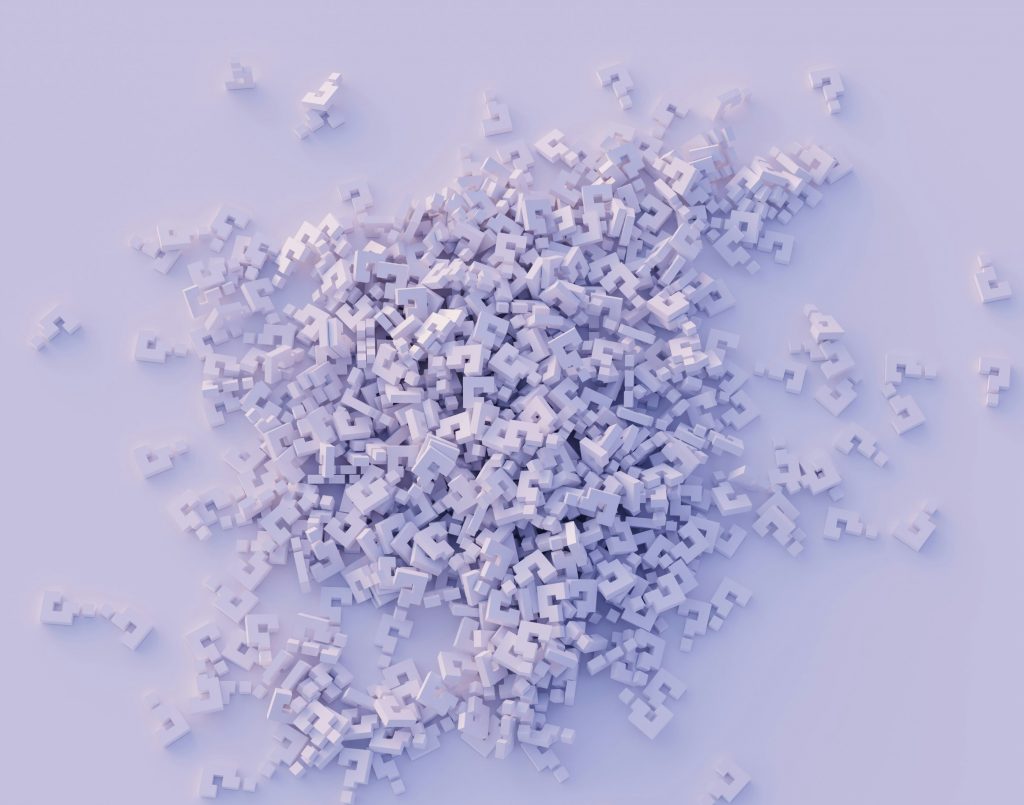 viele kleine lila Fragezeichen vor einem lila Hintergrund gehäuft. Symbolisiert weitere Fragen, die in den FAQ geklärt werden können.