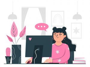 Illustration von einer jungen Frau sitzend vor dem Computer. Kostenlose online Infoveranstaltung zu den Selbstbehauptungs- und Selbstverteidigungskursen