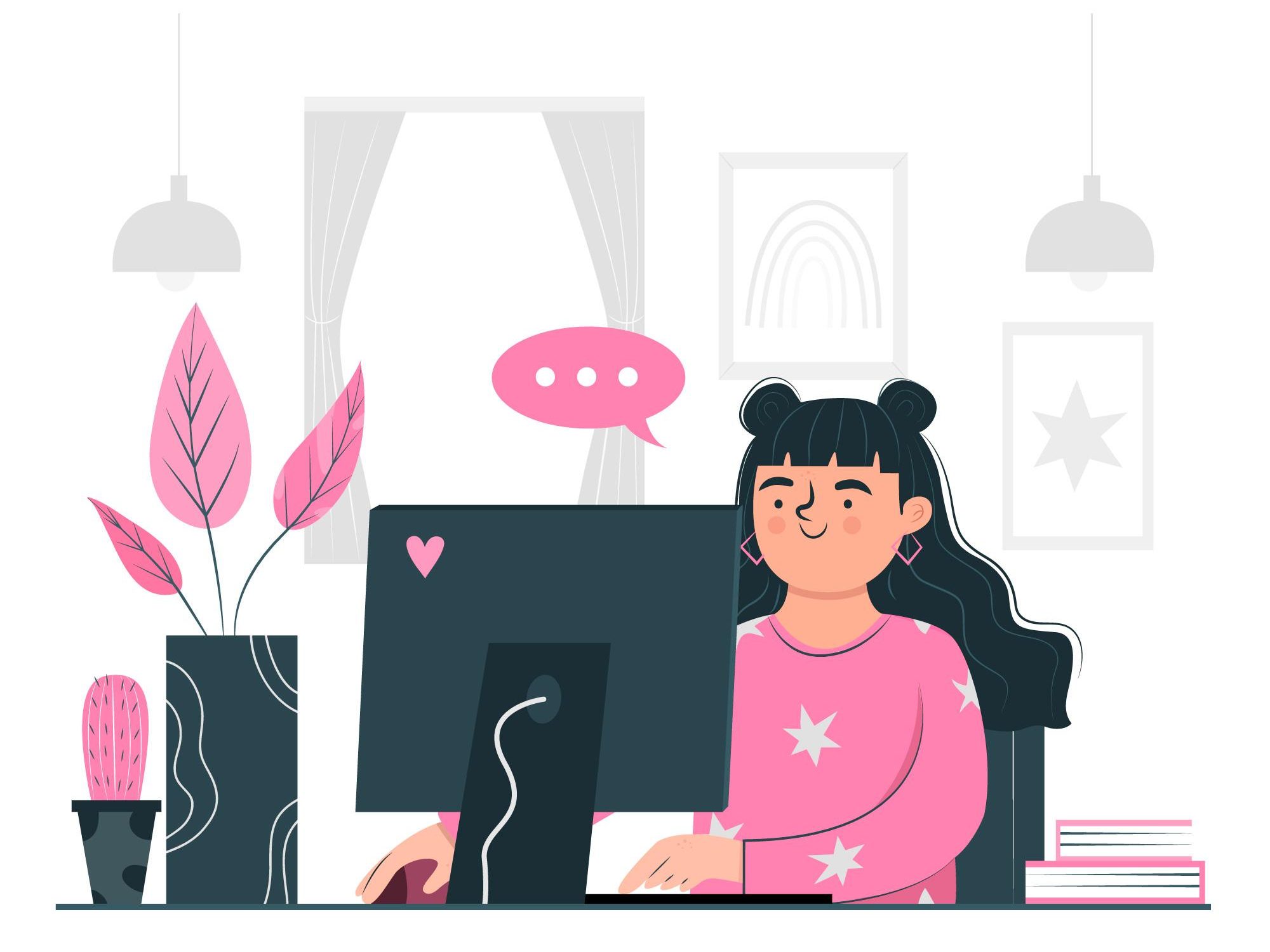 Illustration von einer Person mit langen schwarzen Haaren, die in einem Zimmer am Computer sitzt. Sie symbolisiert die Online-Infosession, die angeboten wird.