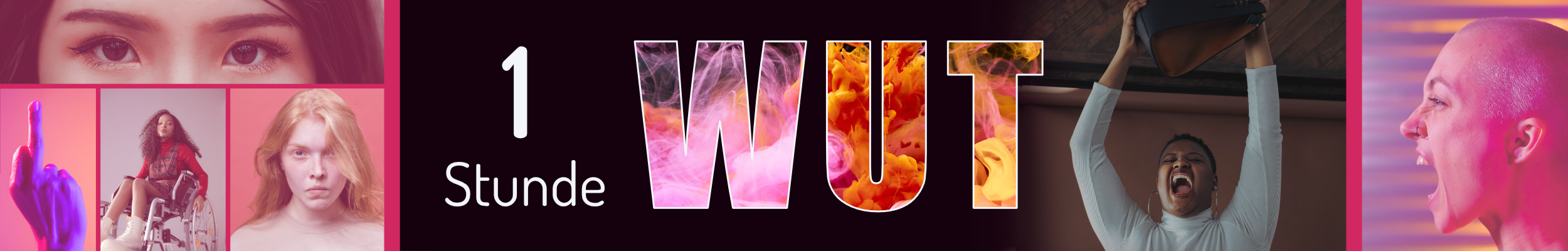 Banner von "1 Stunde WUT" von bonobo academy mit mehreren Bildern von wütenden Frauen